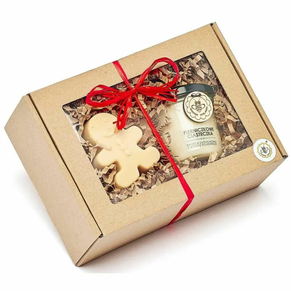 Zestaw Pierniczkowy (Ciastek Naturalne Mydło 75 g+ Świeca z Wosku Sojowego Pierniczkowe Ciasteczka 120 ml) - Miodowa Mydlarnia